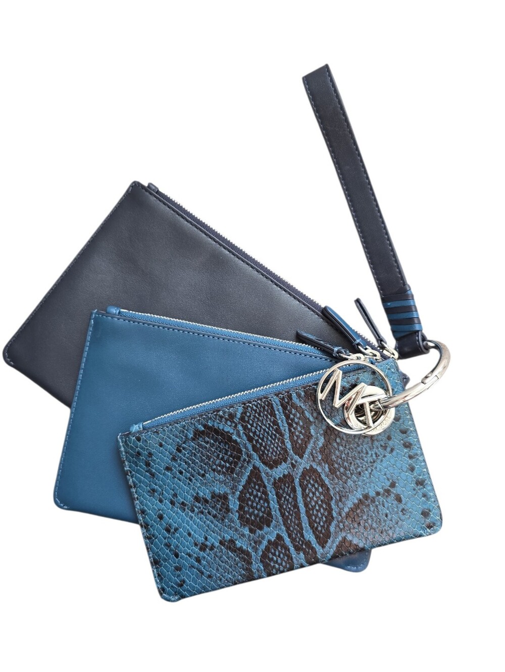 NWOT Michael Kors Jet Set Travel Two-Tone Leather Pouch Trio Wristlet navy blue